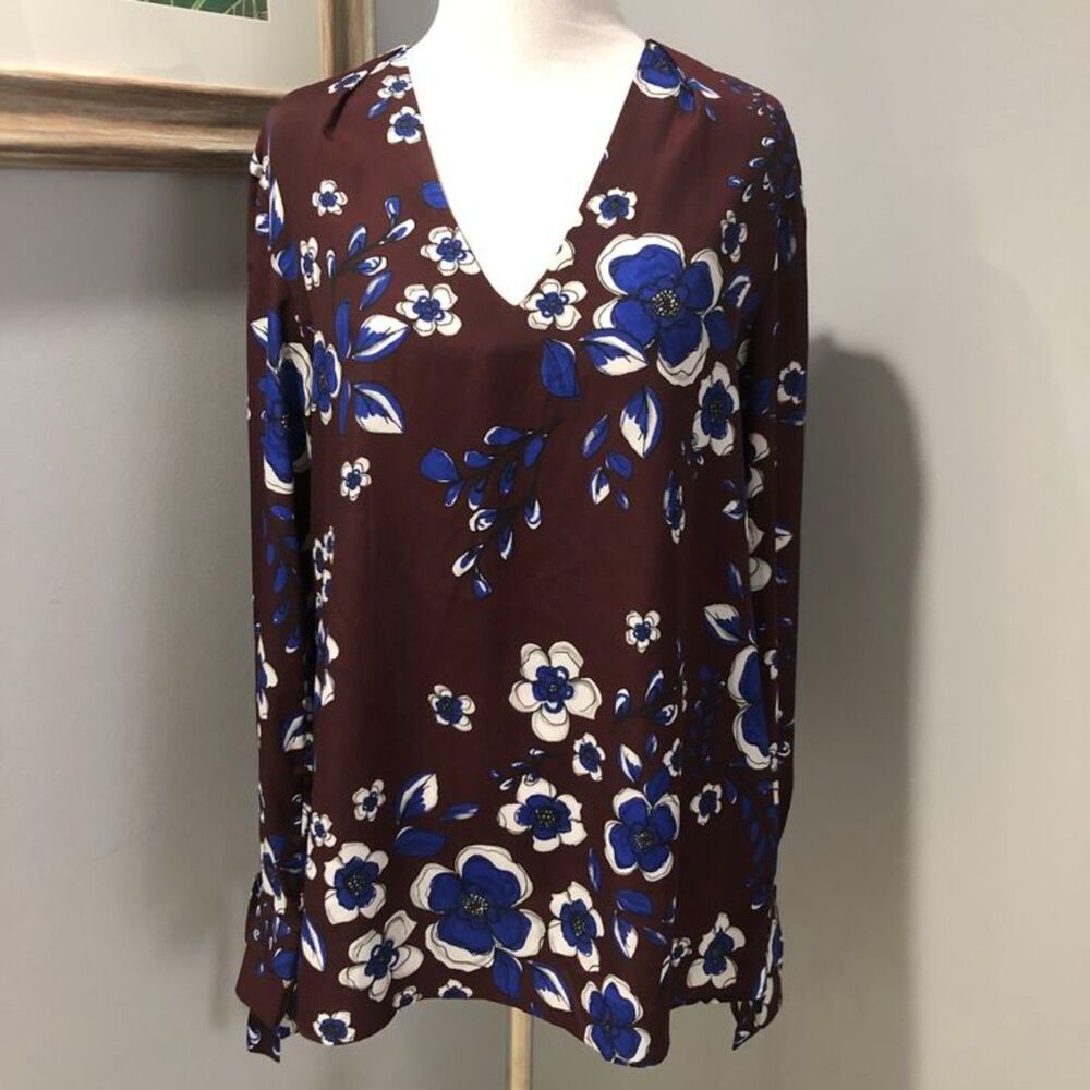 Banana Republic Burgundy V-Neck Long Sleeve Blouse/Top Royal Blue Flowers Medium